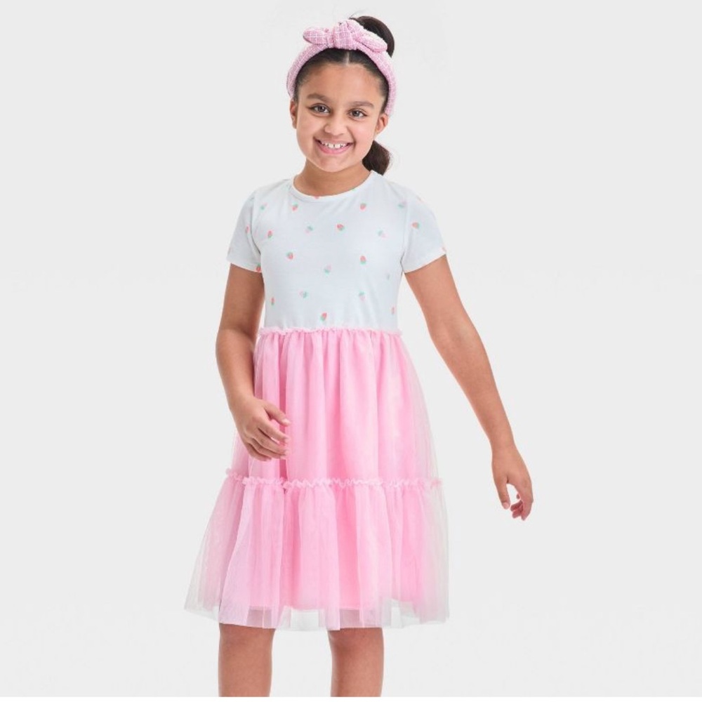 Cat & Jack Girls' Short Sleeve Knit Tulle Tiered Dress size 6/7